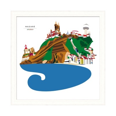 Ilustração com paisagem urbana de Nazaré com morro, mar azul e prédios brancos e vermelhos