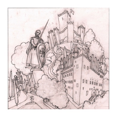 Desenho a lápis de cavaleiro medieval e castelos antigos com árvores e fonte