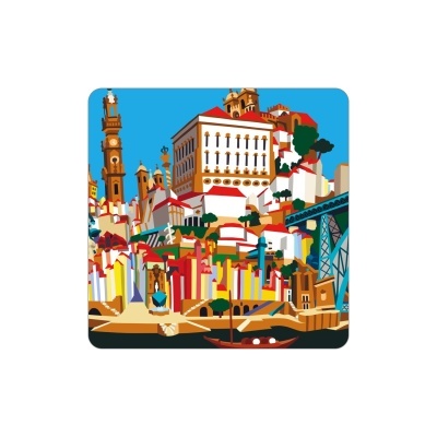 Ilustração colorida de cidade histórica com torre, barcos e ponte azul