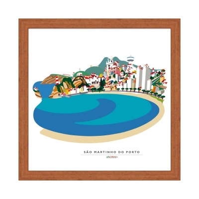 Ilustração colorida de São Martinho do Porto em moldura castanha