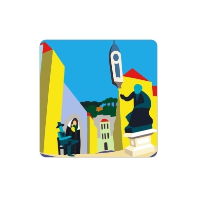 Ilustração de praça urbana com estátua, edifícios amarelos e figuras humanas em tons azuis.