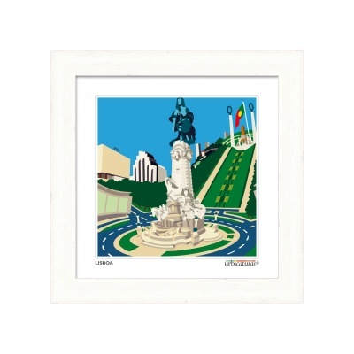Ilustração digital emoldurada de monumento e paisagem urbana de Lisboa