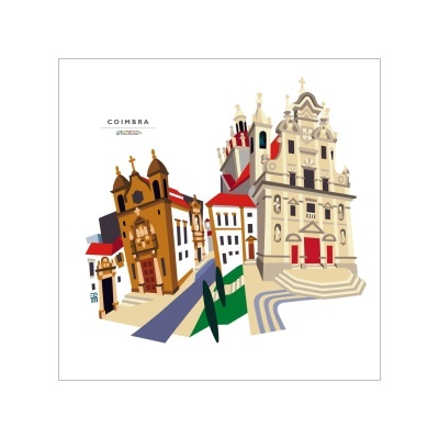 Ilustração digital de edifícios históricos em Coimbra com cores castanho, bege, branco e vermelho