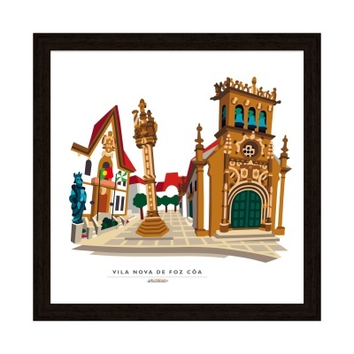 Ilustração de edifícios históricos de Vila Nova de Foz Côa com arquitetura tradicional colorida