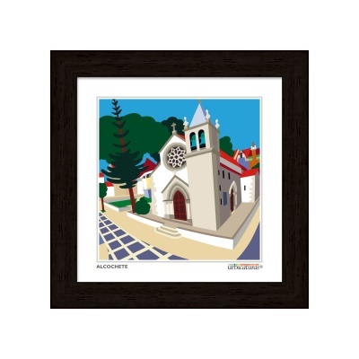 Ilustração de uma igreja branca com torre e calçada azul e branca