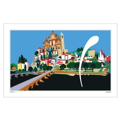 Ilustração colorida de cidade com igreja, torre e ponte sobre rio