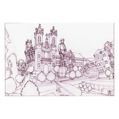 Desenho a tinta de paisagem urbana com estátua e edifícios históricos