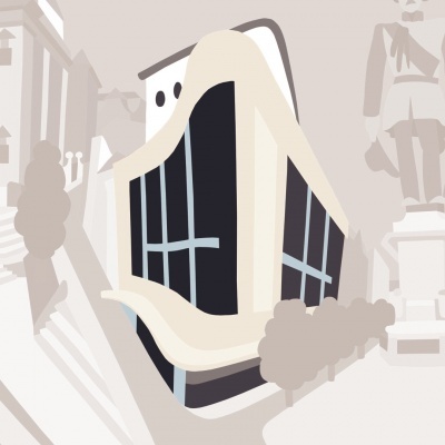 Edifício moderno com vidro escuro e estrutura branca ondulada numa rua com estátua e árvores