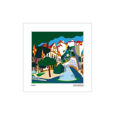 Arte gráfica colorida representando Viseu com arquitetura, árvores e fonte