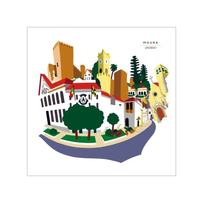 Ilustração colorida da cidade de Moura com edifícios históricos em estilo digital