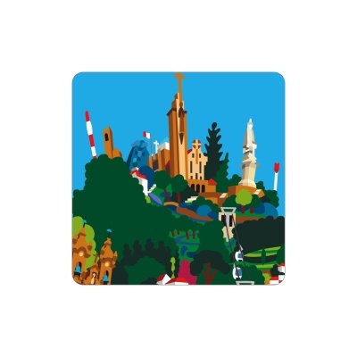 Ilustração de edifícios e monumentos entre árvores verdes com teleférico e céu azul