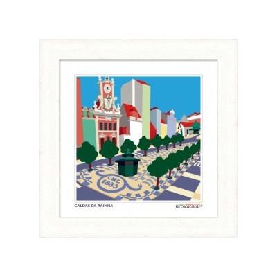 Quadro ilustrativo da cidade Caldas da Rainha com edifícios coloridos e calçada padrão azul e branco