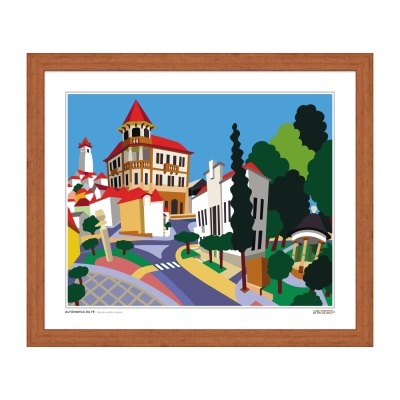 Gravura colorida de edifícios e árvores emoldurada com madeira