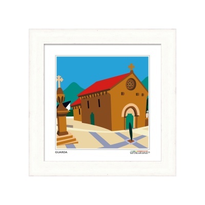 Gravura da igreja da Guarda emoldurada com moldura branca