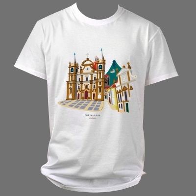 T-shirt branca com estampa de edifícios históricos de Portalegre