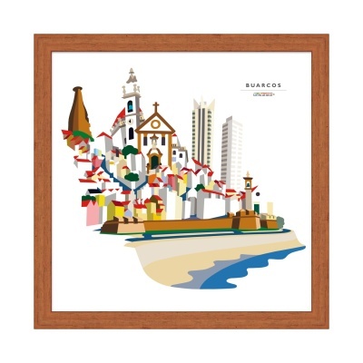 Ilustração colorida da vila de Suarcos em quadro com moldura de madeira