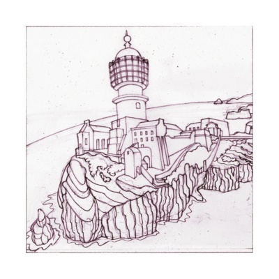 Desenho a preto e branco de um farol numa falésia com edifícios adjacentes.