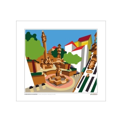 Ilustração de praça com fonte, relógio e edifícios coloridos