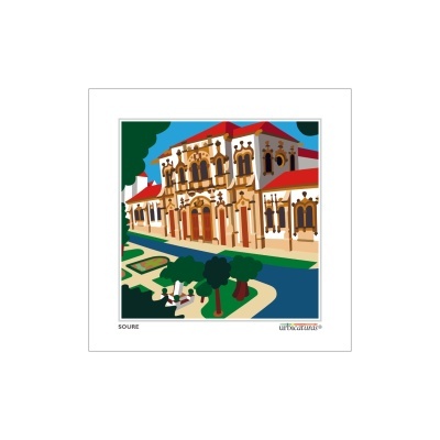 Quadro digital colorido de um edifício antigo com árvores e céu azul