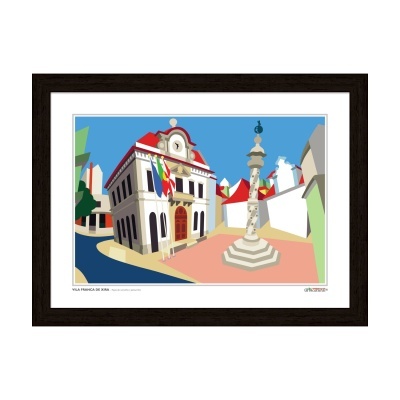 Ilustração colorida de edifício e coluna com bandeiras, enquadrada por moldura preta