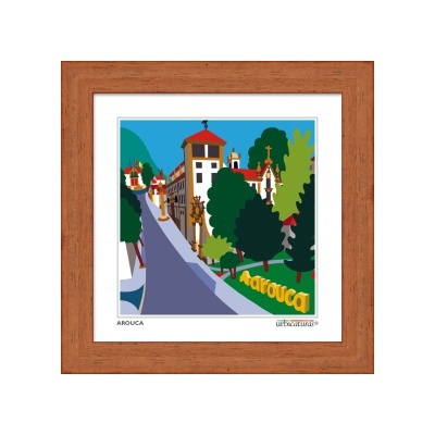Gravura colorida de Arouca em moldura de madeira com texto e paisagem urbana