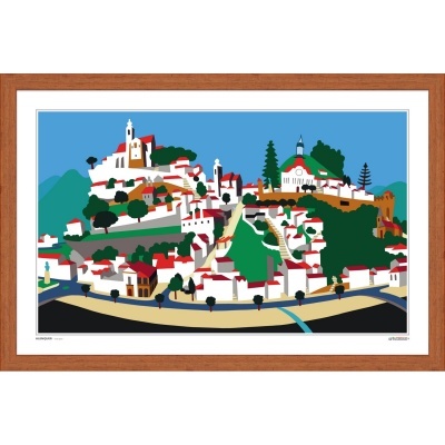 Quadro ilustrado de vila colorida em moldura de madeira