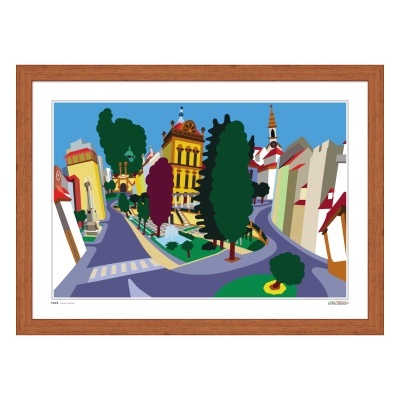 Quadro com ilustração colorida de rua com edifícios e árvores