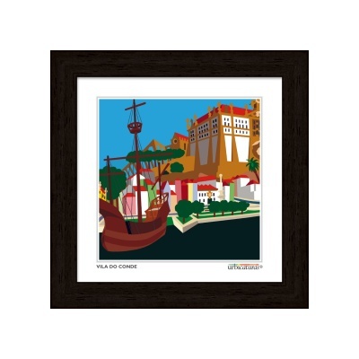 Quadro gráfico com navio e castelo em Vila do Conde