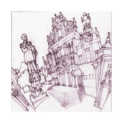 Desenho a lápis de praça com estátua e edifícios históricos barrocos