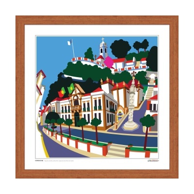 Ilustração colorida de uma paisagem urbana com edifícios e árvores em moldura de madeira.