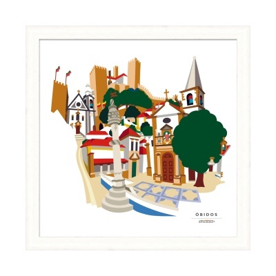 Ilustração arquitetónica estilizada de Óbidos com castelos e igrejas coloridas