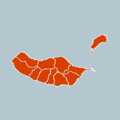 Mapa colorido de ilhas com zonas a laranja e contornos brancos