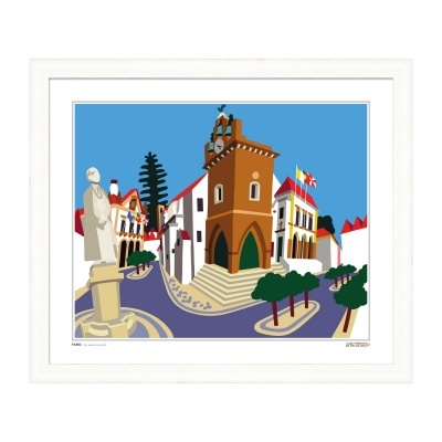 Ilustração de edifícios históricos com estátua e árvores num cenário urbano colorido