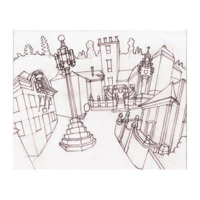 Desenho a lápis de cenário urbano com edifícios e postes ornamentais.