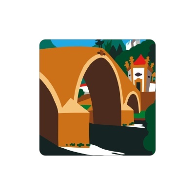 Ilustração de ponte antiga castanha sobre rio escuro com edifícios e árvores ao fundo