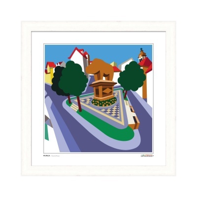 Pintura estilizada da Praça de Murça com estátua, árvores e casas coloridas