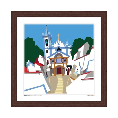 Quadro ilustrado do Santuário de Nossa Senhora de Brotas com moldura castanha.