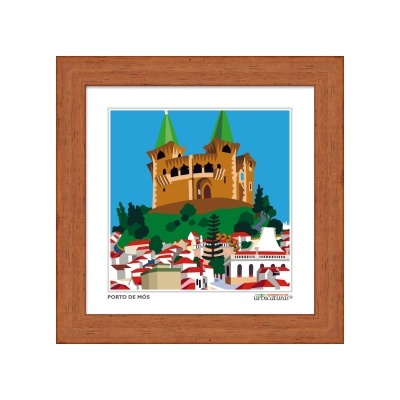 Ilustração de castelo e casas em quadro com moldura de madeira