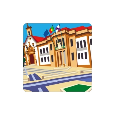 Ilustração de edifício público com bandeiras e emblema branco