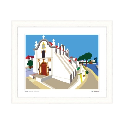 Pintura emoldurada da Capela de Nossa Senhora das Salvas em Sines com céu azul e árvore