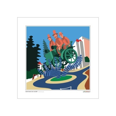 Ilustração com homens em carroça sobre espiral em ambiente urbano e natural