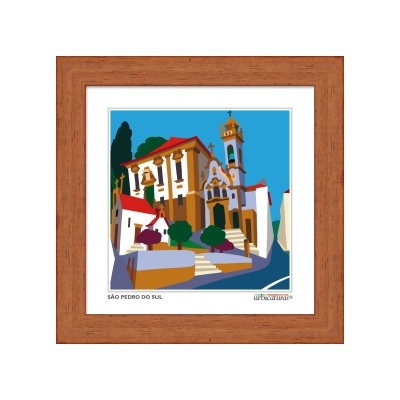 Quadro com ilustração colorida de igreja e árvores em São Pedro do Sul
