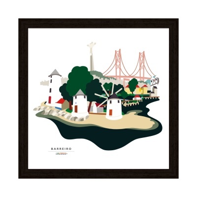 Ilustração de Barreiro com moinhos de vento, árvores e ponte vermelha numa moldura preta