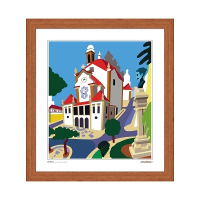 Quadro com ilustração colorida de edifício histórico e estátua com moldura de madeira