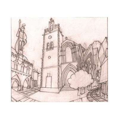 Desenho a lápis de praça histórica com torre, estátua e árvore