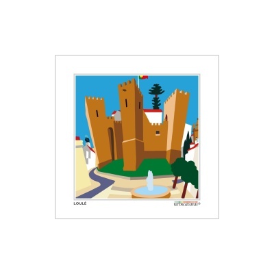 Ilustração colorida do castelo de Loulé com fonte e árvore em primeiro plano