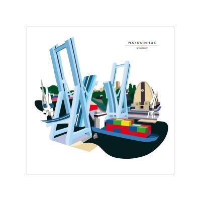 Ilustração do porto de Matosinhos com guindastes, navio e contentores coloridos