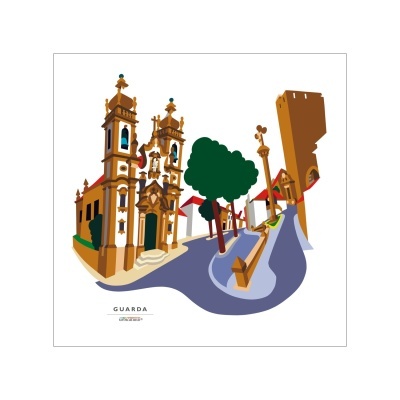 Ilustração de pontos turísticos em Guarda, Portugal, com igreja barroca e torre medieval