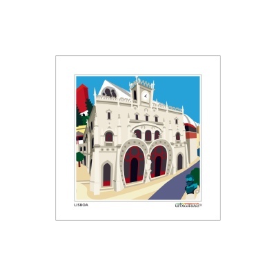 Ilustração do edifício histórico em Lisboa com portas vermelhas e torre com relógio