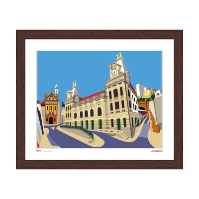 Ilustração de edifício histórico com torre e relógio em moldura castanha